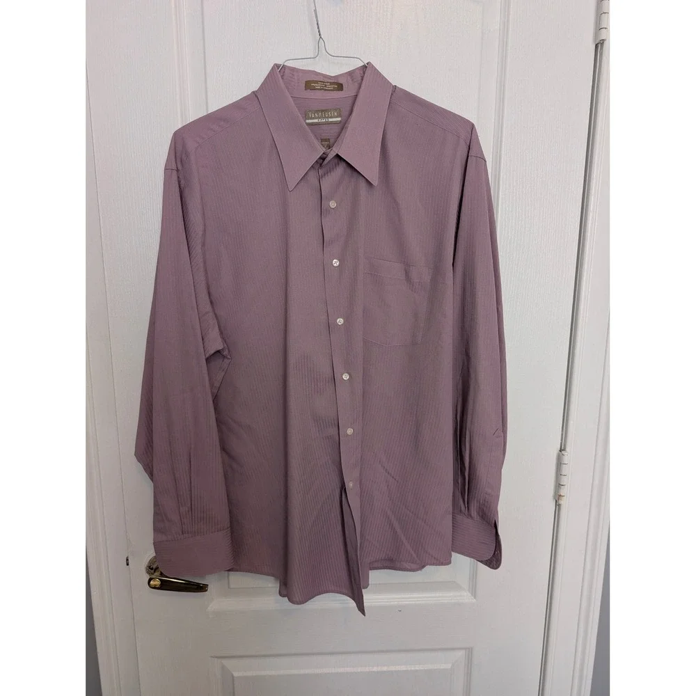 Van Heusen Fitted Dress Shirt Mens 18 34/35 XXL Mauve Purple pi - Picture 2 of 5